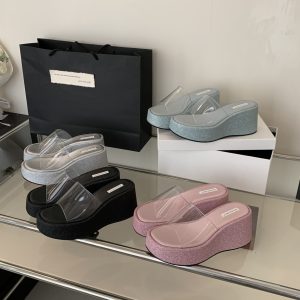 2025 Korean Style Platform Thick Sole Slippers for Women Vacation Wedge Toe Strap Slide Sandals