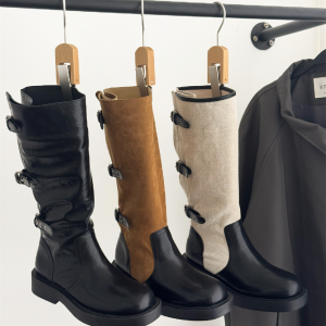 Black Color-Block Retro High-Top Riding Boots for Women Autumn Belt Buckle Chunky Heel Leg-Lengthening Over-the-Knee Niche Long Boots