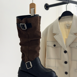 Black Color-Block Retro High-Top Riding Boots for Women Autumn Winter Belt Buckle Chunky Heel Slim Legs Over Knee Niche Long Boots