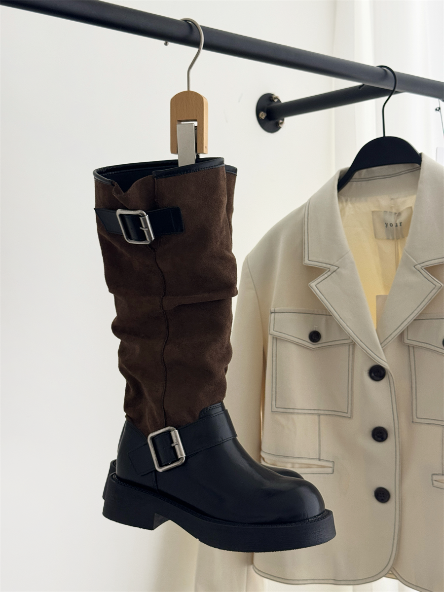 Black Color-Block Retro High-Top Riding Boots for Women Autumn Winter Belt Buckle Chunky Heel Slim Legs Over Knee Niche Long Boots