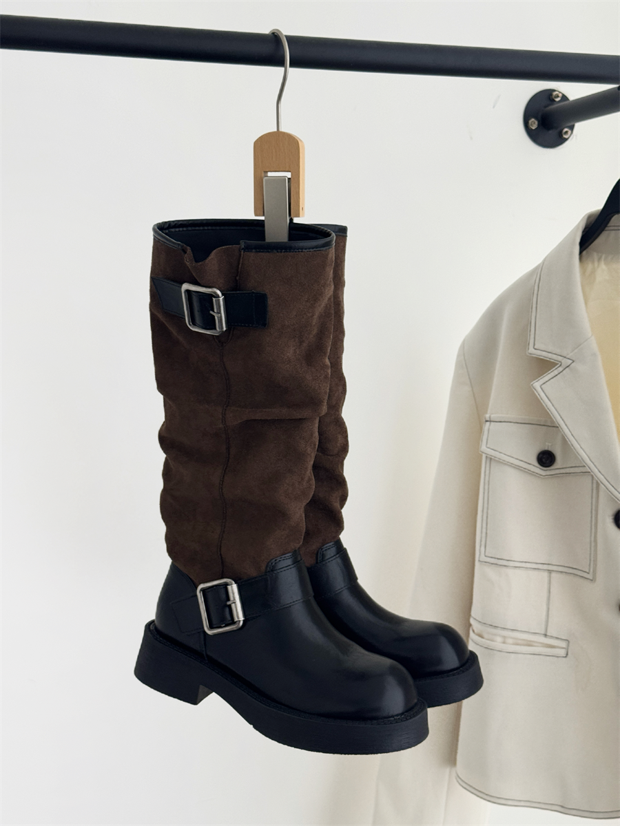 Black Color-Block Retro High-Top Riding Boots for Women Autumn Winter Belt Buckle Chunky Heel Slim Legs Over Knee Niche Long Boots - Image 2