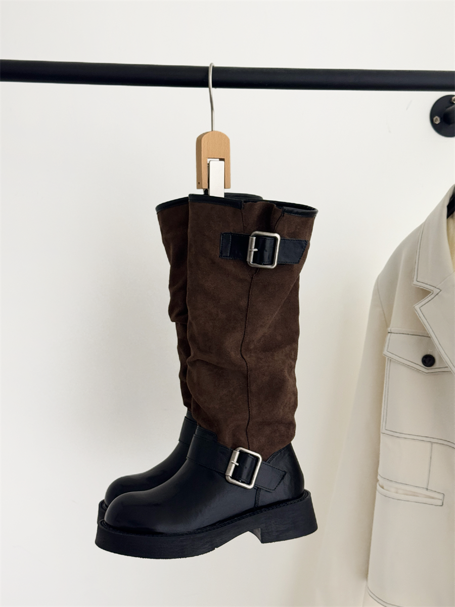 Black Color-Block Retro High-Top Riding Boots for Women Autumn Winter Belt Buckle Chunky Heel Slim Legs Over Knee Niche Long Boots - Image 3
