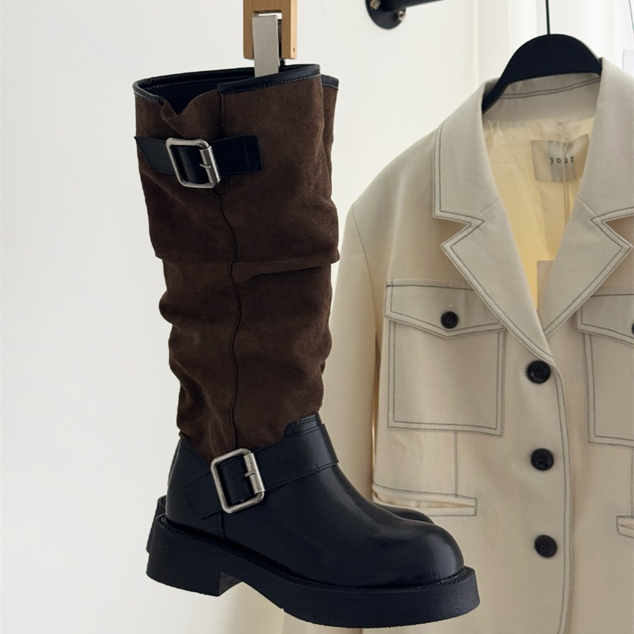 Black Color-Block Retro High-Top Riding Boots for Women Autumn Winter Belt Buckle Chunky Heel Slim Legs Over Knee Niche Long Boots - Image 5