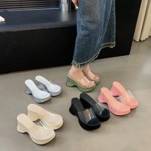 Designer Chunky Sole Transparent Gold Casual One-Strap Open-Toe Slippers for Women Summer Platform Sandals