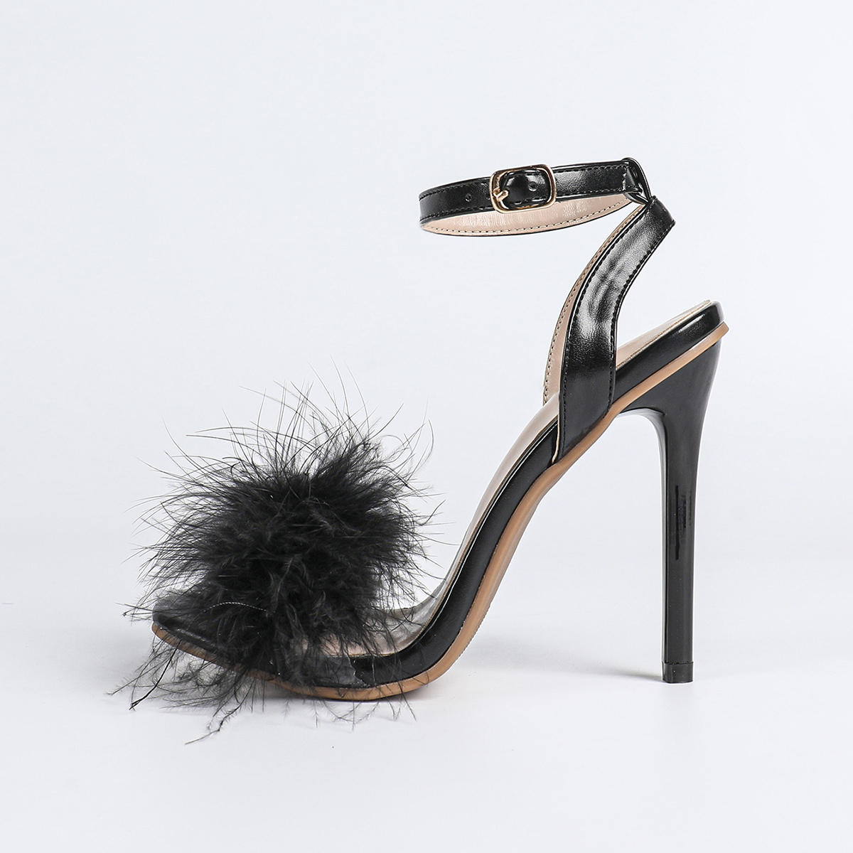 Elegant French Square Toe Black Faux Fur Women's High Heel Sandals 11.5CM - Image 5