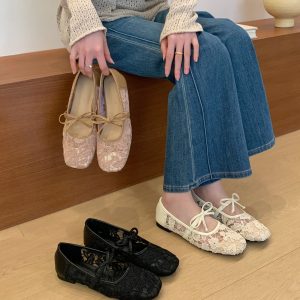 Fairy Lace Hollow Mary Jane Shoes Flat Square Toe Bow Ballet Shoes Slip-On Granny Shoes