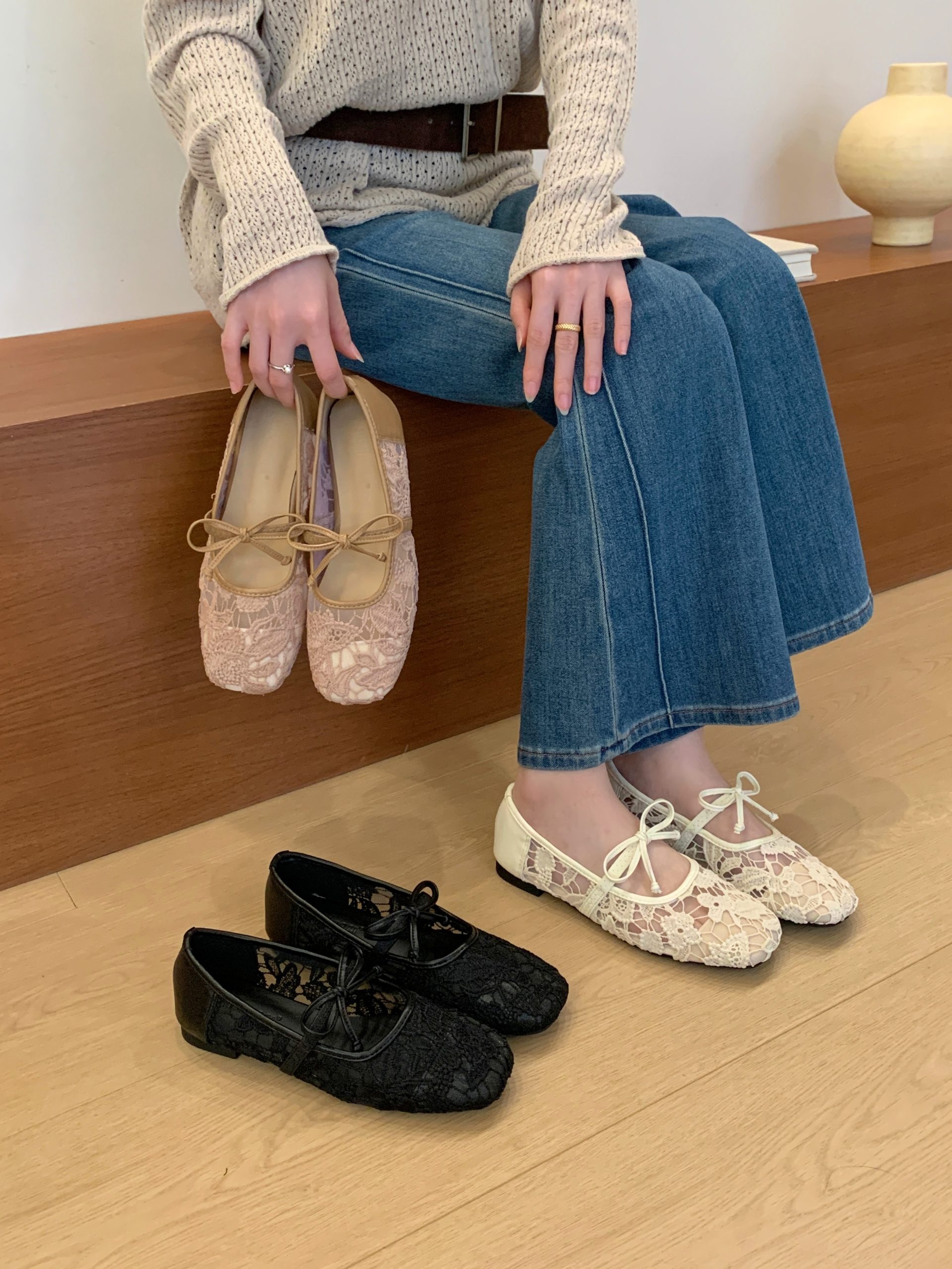 Fairy Lace Hollow Mary Jane Shoes Flat Square Toe Bow Ballet Shoes Slip-On Granny Shoes