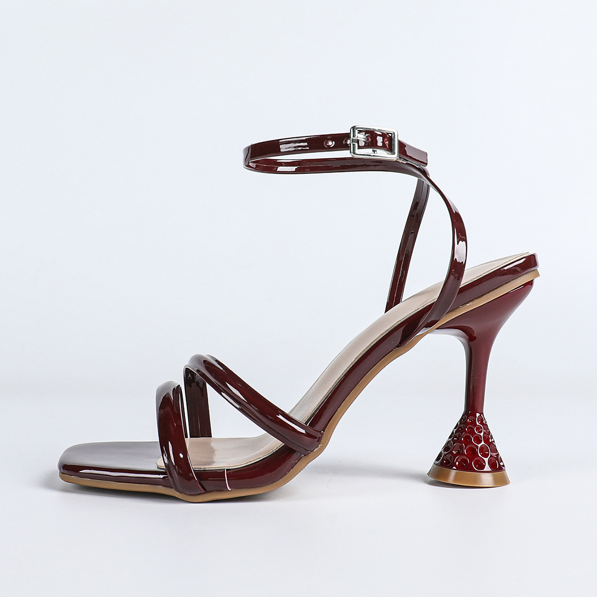 French Style Summer New Wine Red Square Toe Retro Open Toe Thin Heel High Heel Sandals - Image 5