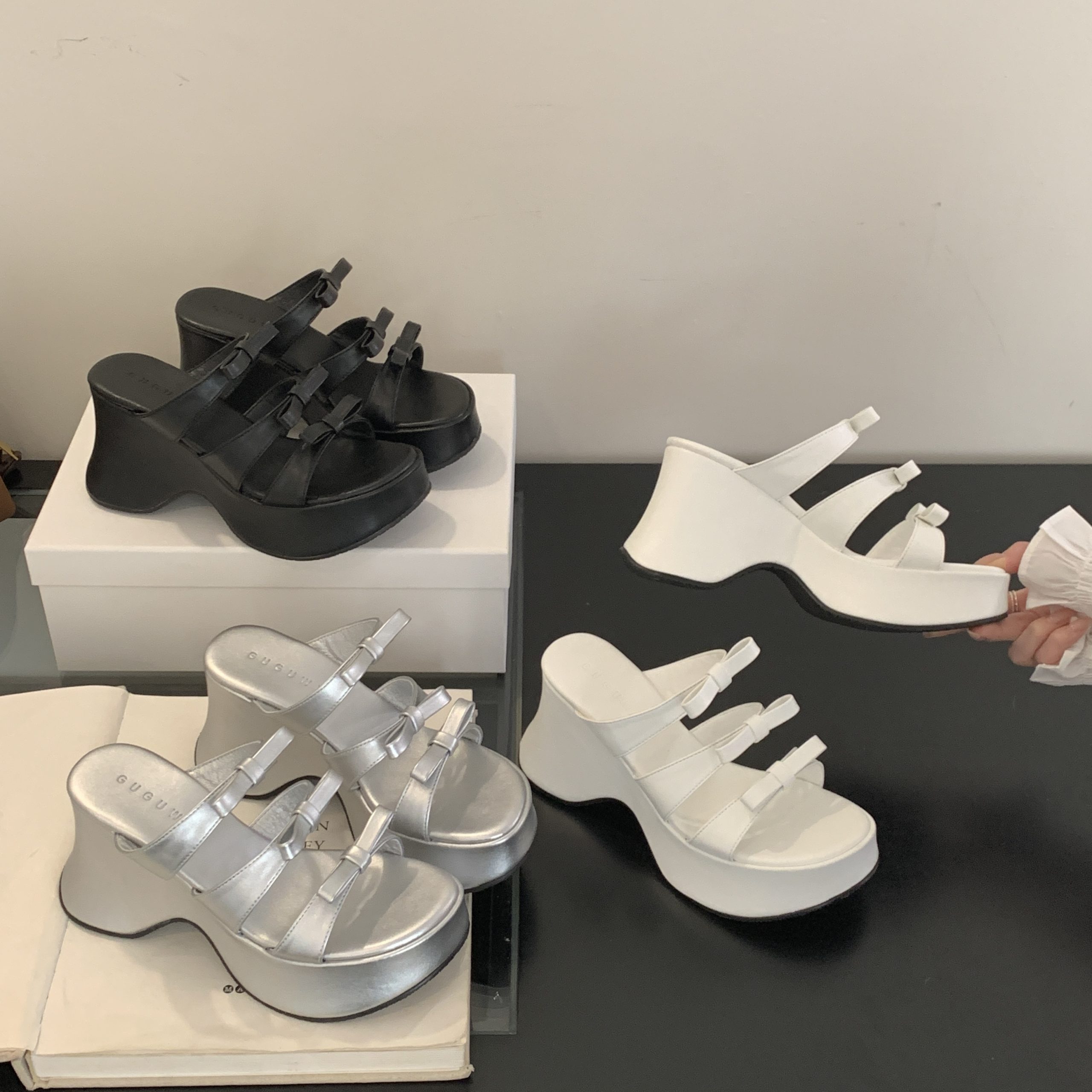 GUGUWU Women's Platform Wedge Sandals with Bow, Silver White Black, Summer 2025 - Image 2
