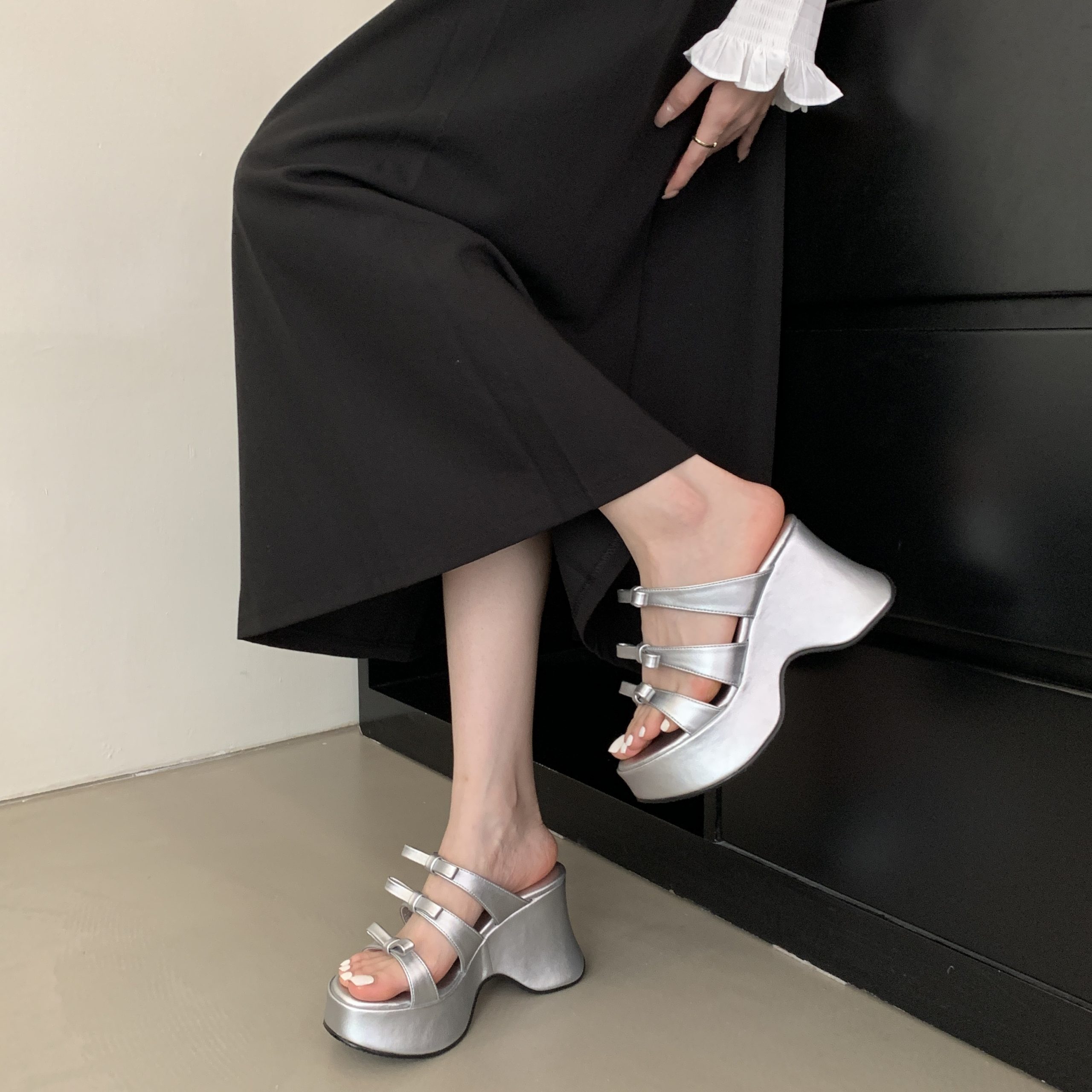 GUGUWU Women's Platform Wedge Sandals with Bow, Silver White Black, Summer 2025 - Image 4