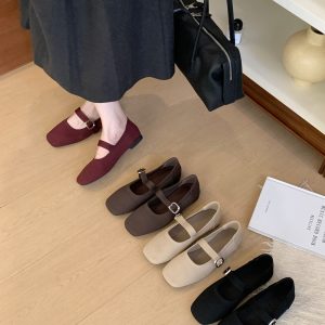 Mary Jane Shoes Women's One-Strap Breathable Knit Soft Sole 3CM Low Heel Woven Shoes Slip-On