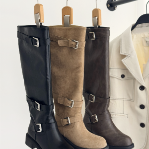 Retro Black Chunky Heel Tall Boots for Women, Height Increasing, Slimming, All-Season, Belt Buckle, Thick Heel