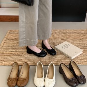 Retro Chunky Heel 5cm Split Toe Mary Jane 2026 New Style Versatile Slip-On Bow Tie Flat Shoes for Women