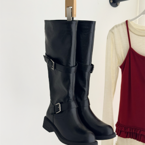 Vintage Black Chunky Heel Platform Tall Boots for Women, All-Season Slim Fit Casual Belt Buckle Thick Heel