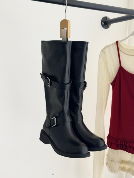 vintage-black-chunky-heel-platform-tall-boots-for-women-all-season-slim-fit-casual-belt-buckle-thick-heel