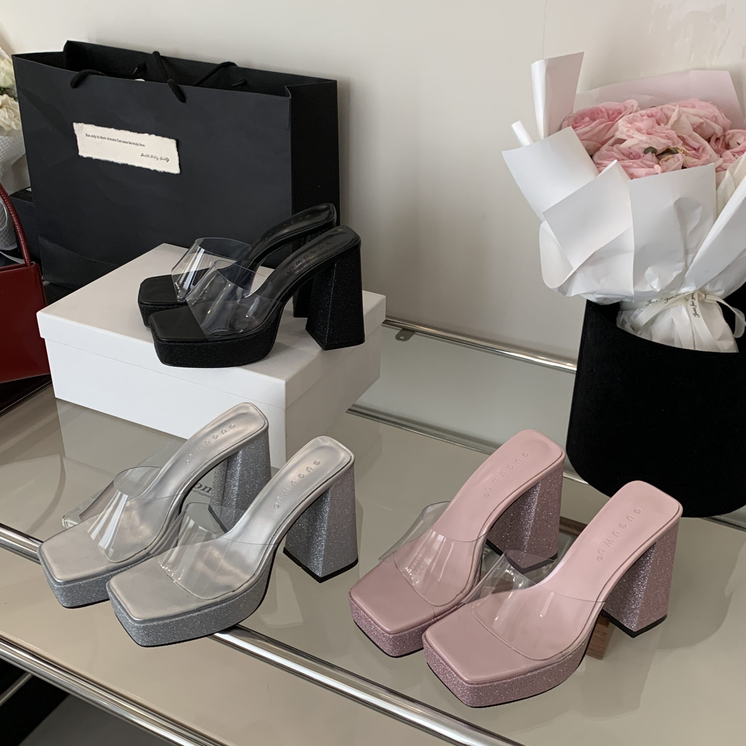 Women's Clear Strap Chunky Heel Slippers Square Toe Platform Summer Sandals - Image 2